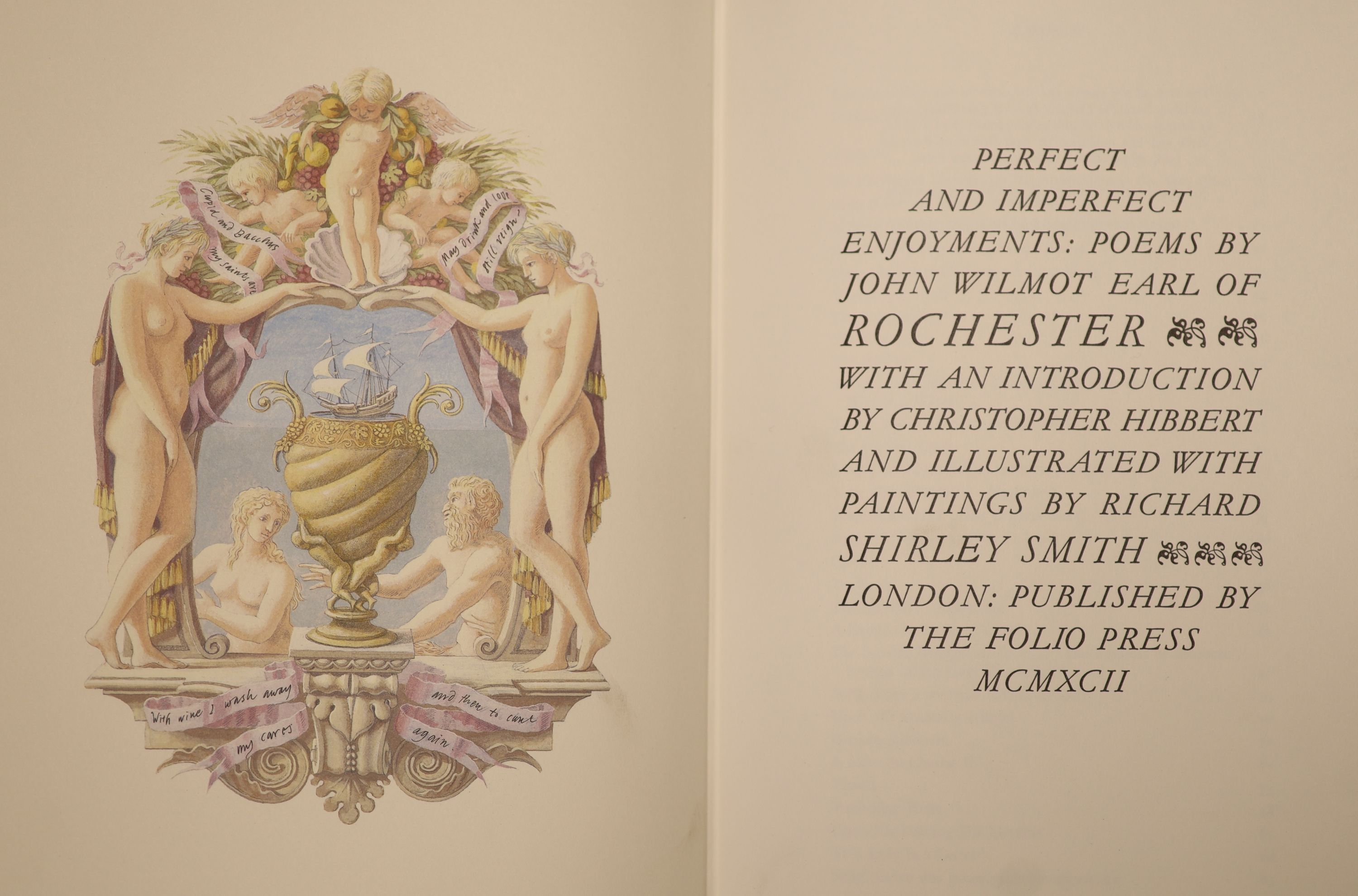 Wilmot, John, The Earl of Rochester, Perfect and Imperfect Enjoyments: Poems, quarter bound in leather with marbled boards, in a presentation box, Folio Society limited edition (edition number listed as ‘B.B’) together w